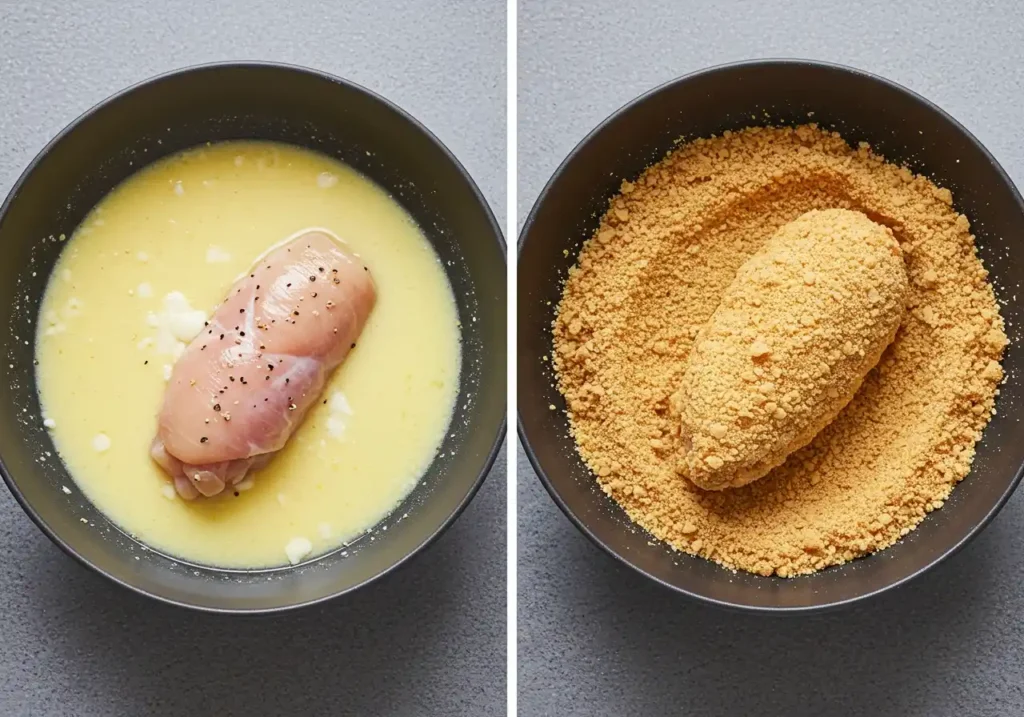 Image en deux parties montrant les étapes de panure d'un poulet cordon bleu. À gauche, un filet de poulet cru est plongé dans un mélange d'œuf. À droite, le même filet de poulet est enrobé de chapelure.