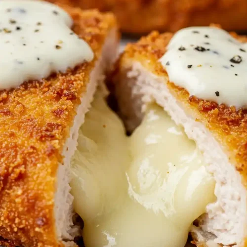 Gros plan d'un poulet cordon bleu frit, coupé en deux pour révéler une garniture de fromage fondue et gluante, nappé d'une sauce blanche crémeuse et de poivre noir, avec des miettes éparpillées sur une assiette gris clair.