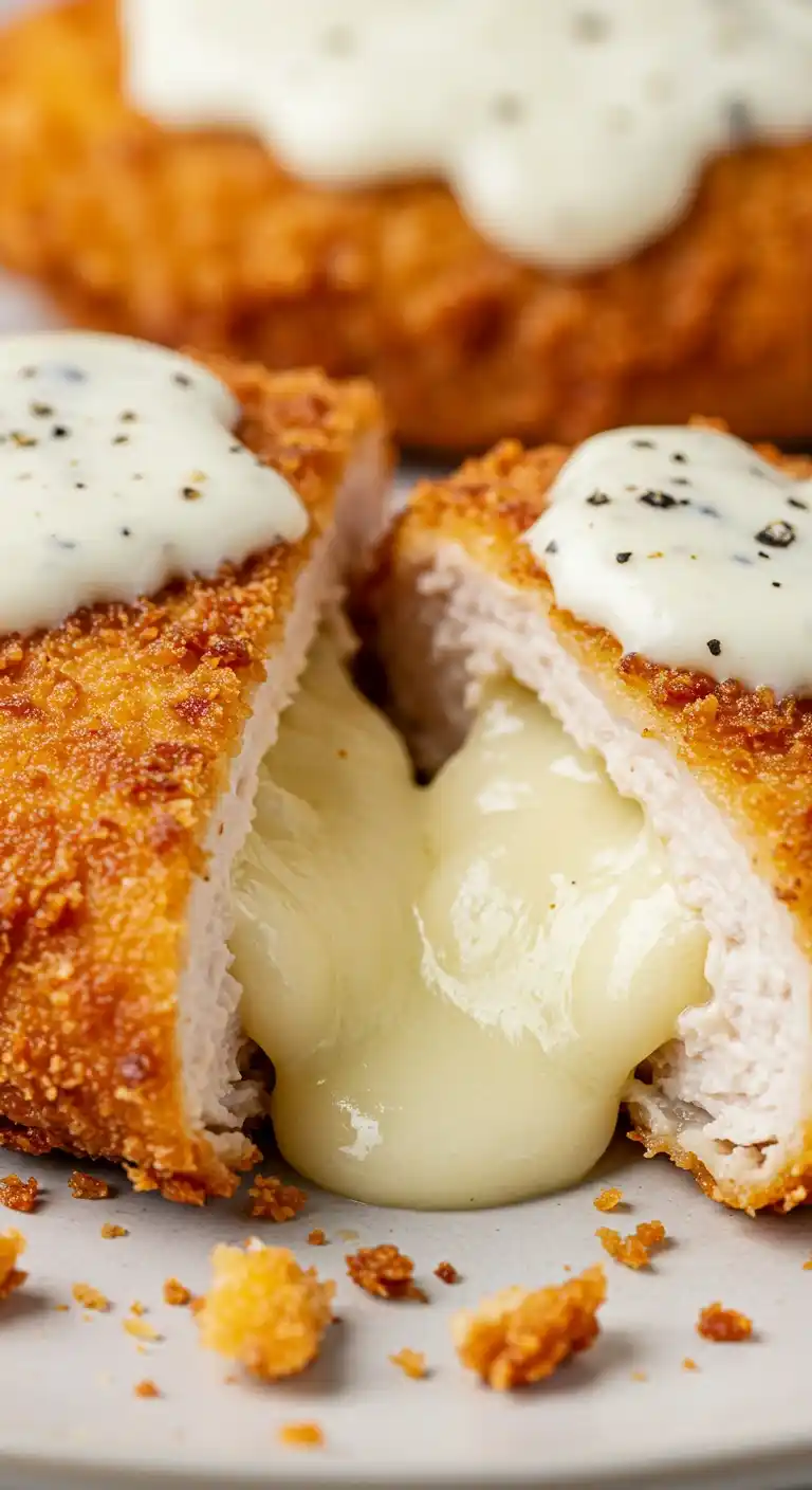 Gros plan d'un poulet cordon bleu frit, coupé en deux pour révéler une garniture de fromage fondue et gluante, nappé d'une sauce blanche crémeuse et de poivre noir, avec des miettes éparpillées sur une assiette gris clair.