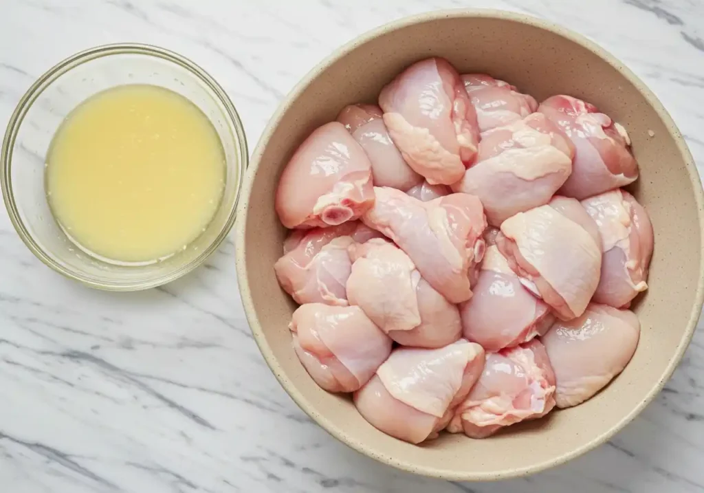 Des morceaux de poulet frais prêts à être panés et frits.