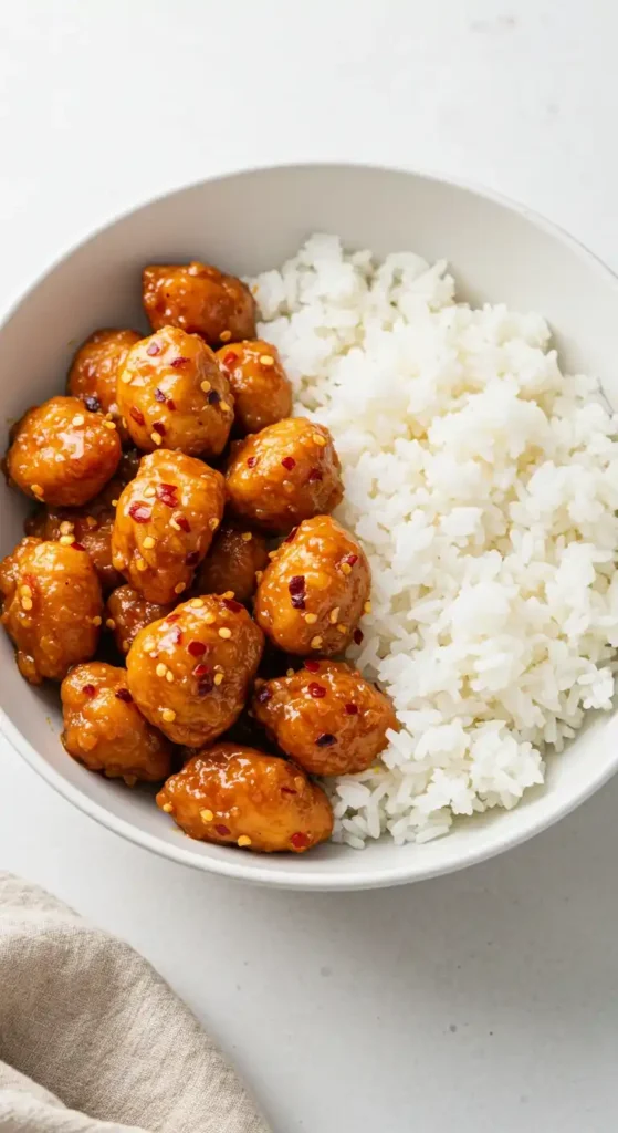 Bol de poulet général Tao cuit à l'air friteuse, servi avec du riz blanc. Les boulettes de poulet sont enrobées d'une sauce brillante et parsemées de piments rouges