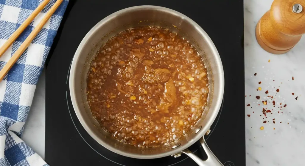 "Une casserole contenant une sauce brunissante en train de mijoter sur une plaque de cuisson, préparant peut-être une base pour un poulet général Tao à la friteuse à air. Une paire de baguettes en bois et un moulin à poivre sont visibles à proximité.