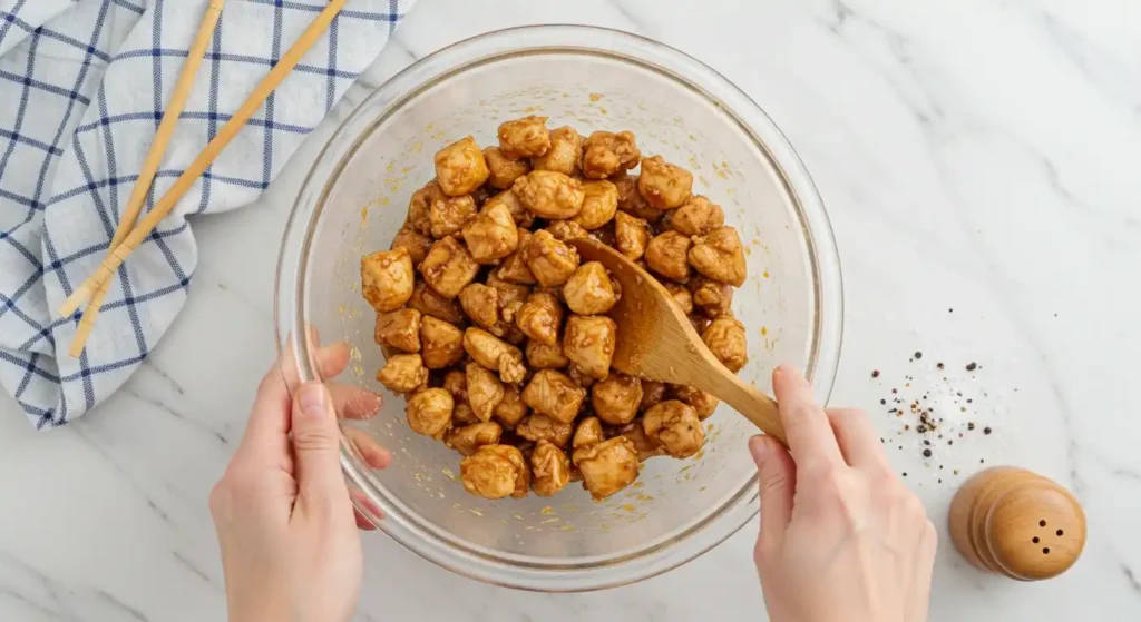 Des morceaux de poulet sont enrobés d'une sauce dans un saladier, une étape préparatoire pour un poulet général Tao à la friteuse à air. Une cuillère en bois est utilisée pour mélanger les ingrédients. Des baguettes et un moulin à poivre sont visibles sur la table