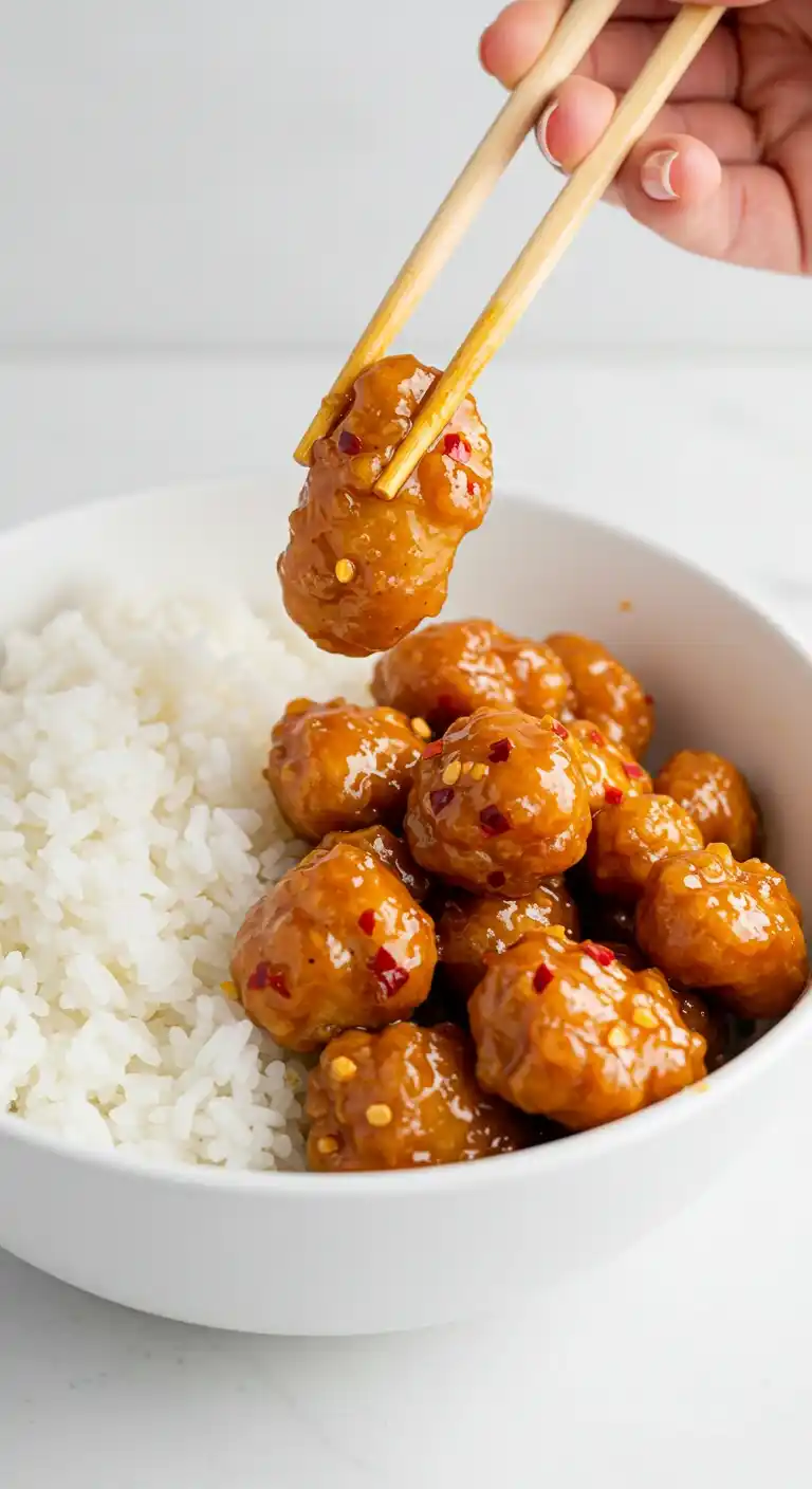 Poulet Général Tao cuit à l'air fryer, servi avec du riz. Une pièce est saisie avec des baguettes.