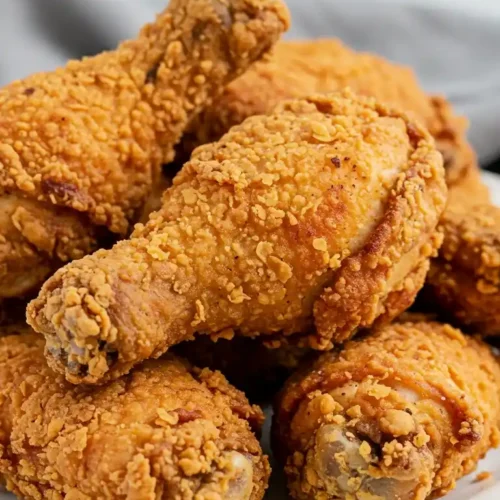 Une pile de délicieux morceaux de poulet frit KFC reposant sur une assiette blanche. La peau est croustillante et dorée, et la viande est juteuse et savoureuse. Une brindille de persil ajoute une touche de couleur.