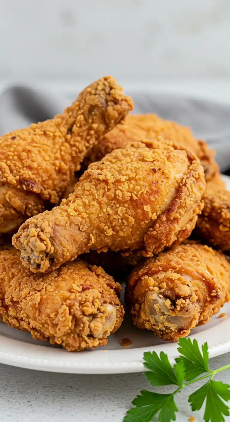 Une pile de délicieux morceaux de poulet frit KFC reposant sur une assiette blanche. La peau est croustillante et dorée, et la viande est juteuse et savoureuse. Une brindille de persil ajoute une touche de couleur.