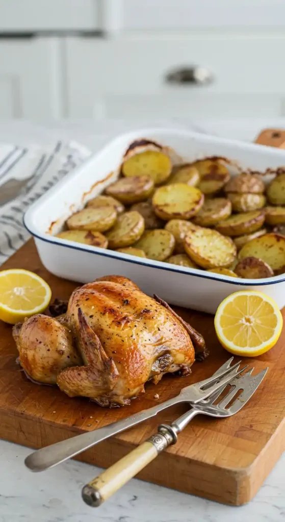 Gros plan d'un poulet rôti portugais avec des pommes de terre rôties dans un plat blanc, ainsi que deux moitiés de citron et une fourchette à découper sur une planche à découper en bois."