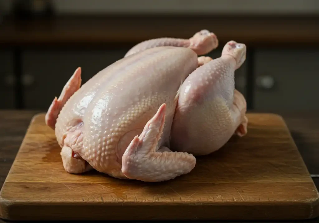 "Un poulet entier cru posé sur une planche à découper en bois, idéal pour une recette de poulet portugais