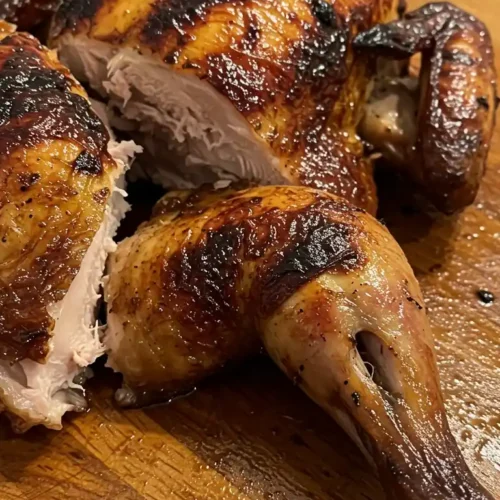 Un poulet à la portugaise entier, grillé avec une peau dorée et des marques de gril, coupé sur une planche à découper en bois.