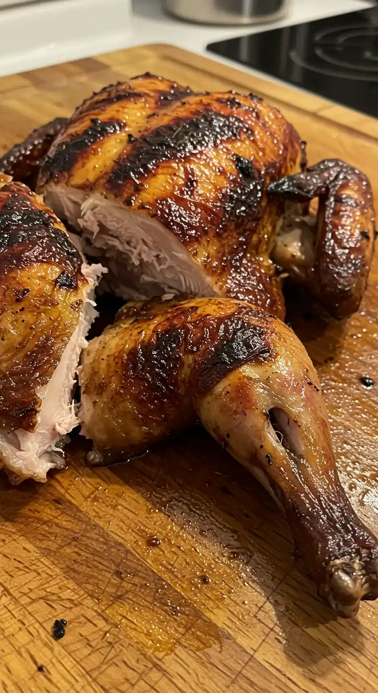 Un poulet à la portugaise entier, grillé avec une peau dorée et des marques de gril, coupé sur une planche à découper en bois.