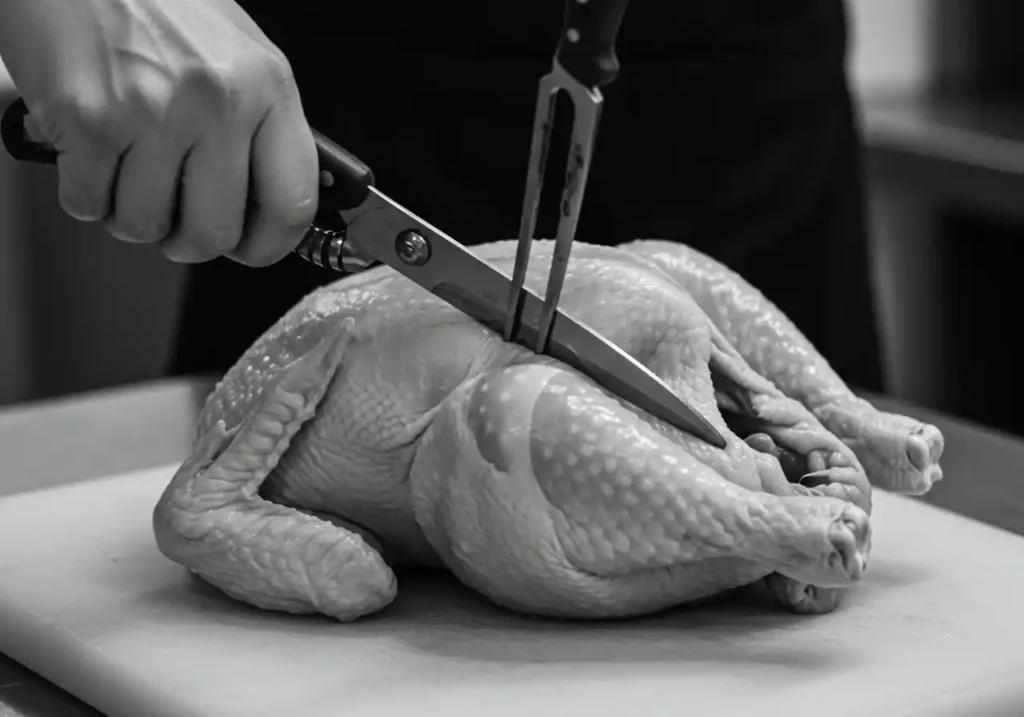 "Mains utilisant des ciseaux de cuisine pour préparer un poulet pour une recette à la portugaise