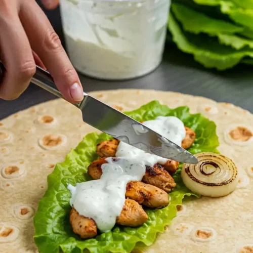 Gros plan sur les mains en train d'étaler de la sauce blanche sur du poulet shish taouk, avec laitue et oignon grillé, le tout sur une galette de pain plat.