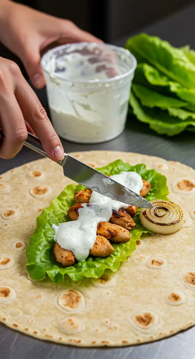 Gros plan sur les mains en train d'étaler de la sauce blanche sur du poulet shish taouk, avec laitue et oignon grillé, le tout sur une galette de pain plat.