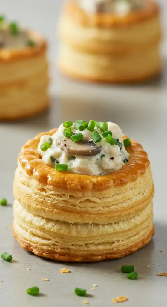 Délicieux vols au vent, croustillants à l'extérieur et moelleux à l'intérieur, farcis avec un mélange savoureux de poulet et de champignons.
