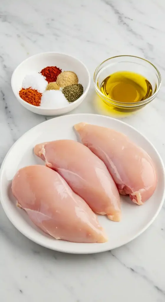 ngrédients pour une recette de blanc de poulet au four : blancs de poulet crus, épices et huile