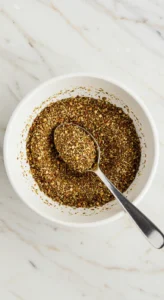 Un bol de mélange d'épices, incluant des herbes et des piments, pour une savoureuse recette de blanc de poulet au four