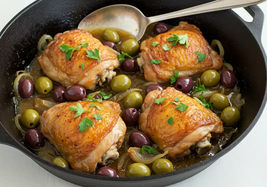 Découvrez notre recette de poulet aux olives. L'image présente les cuisses de poulet, cuisinées dans une sauce avec des olives et des oignons, prêtes à être dégustées.
