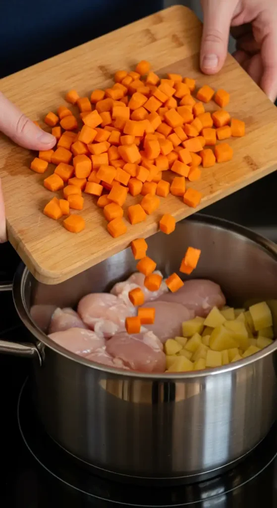 Étape de la recette du pâté au poulet : des dés de carottes sont ajoutés à une casserole contenant des morceaux de poulet et de pommes de terre.