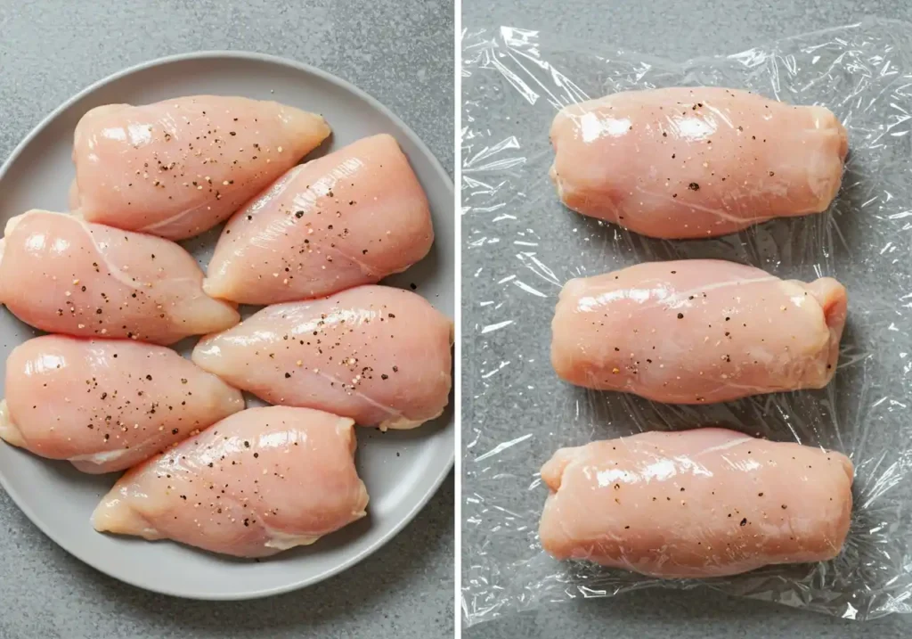 Image en deux parties montrant les premières étapes de la préparation du poulet cordon bleu. À gauche, sept filets de poulet assaisonnés de poivre, disposés sur une assiette. À droite, trois filets de poulet assaisonnés, enveloppés individuellement dans du film plastique.