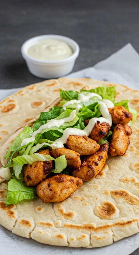 Gros plan d'un wrap ouvert avec du poulet shish taouk grillé, de la laitue fraîche et de la sauce, sur une galette de pain.