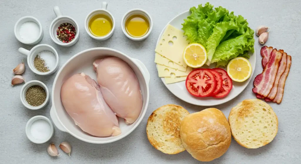 "Photo des ingrédients nécessaires pour une recette de sandwich au poulet: poulet, pain, légumes, fromage, et épices
