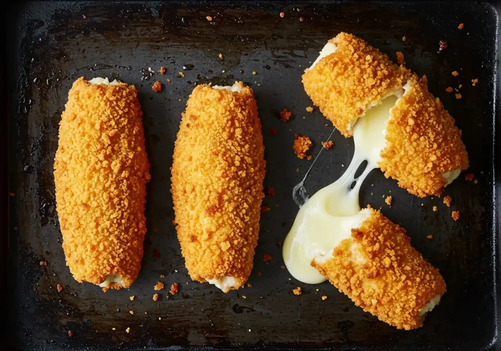 Photo appétissante de poulet cordon bleu Ricardo : un cordon bleu coupé en deux montre le fromage coulant, avec trois autres cordons bleus entiers à côté sur une plaque noire.