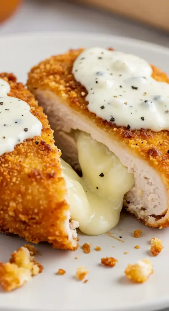 Gros plan d'un poulet cordon bleu coupé en deux, révélant un fromage fondu et coulant. Le poulet est nappé d'une sauce crémeuse blanche, parsemée de poivre noir. Des miettes de panure sont visibles sur l'assiette.