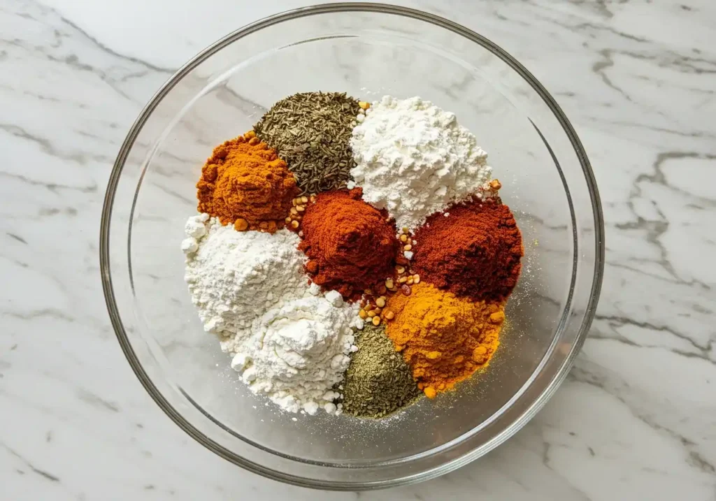 Un bol d'assaisonnements et de farine pour préparer des tenders de poulet croustillants façon KFC.