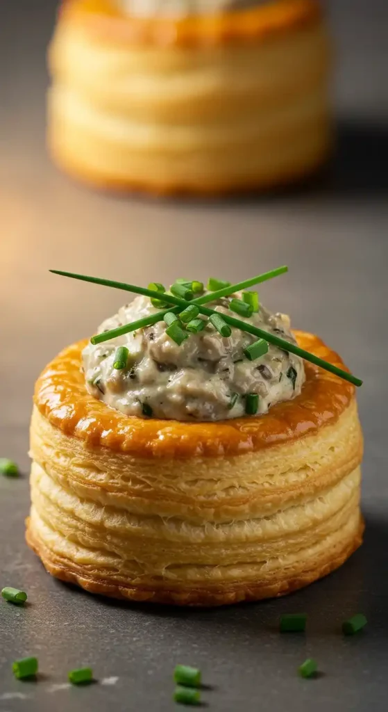 Vol-au-vent poulet garnis d'une crème de champignons et de persil, avec des ciboulettes fraîches parsemées sur le dessus