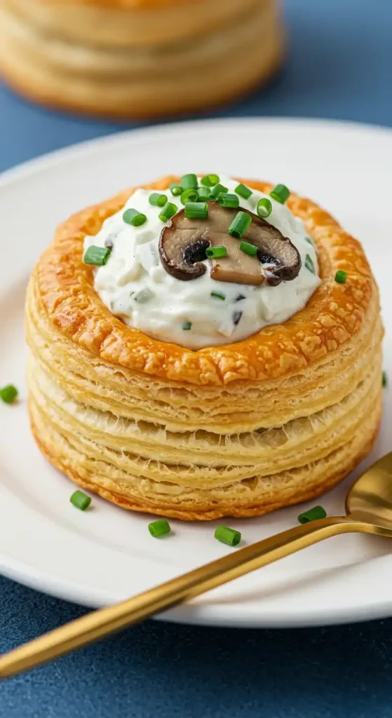 "Vol-au-vent  poulet garnis d'une crème de champignons et de persil, avec des ciboulettes fraîches parsemées sur le dessus. Une tranche de champignon frais est visible sur le dessus de la crème