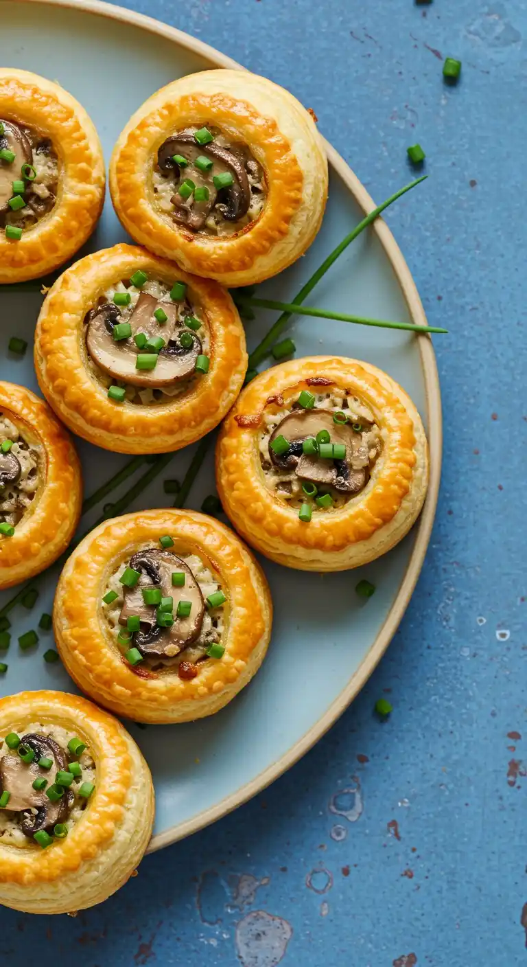 Des vols au vent farcis aux champignons, avec une garniture de poulet.