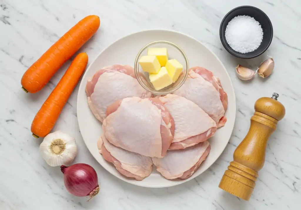 Préparation des ingrédients pour une recette : hauts de cuisses de poulet crus, beurre en dés dans un bol, carottes, oignon rouge, ail, sel et moulin à poivre, disposés sur une surface en marbre