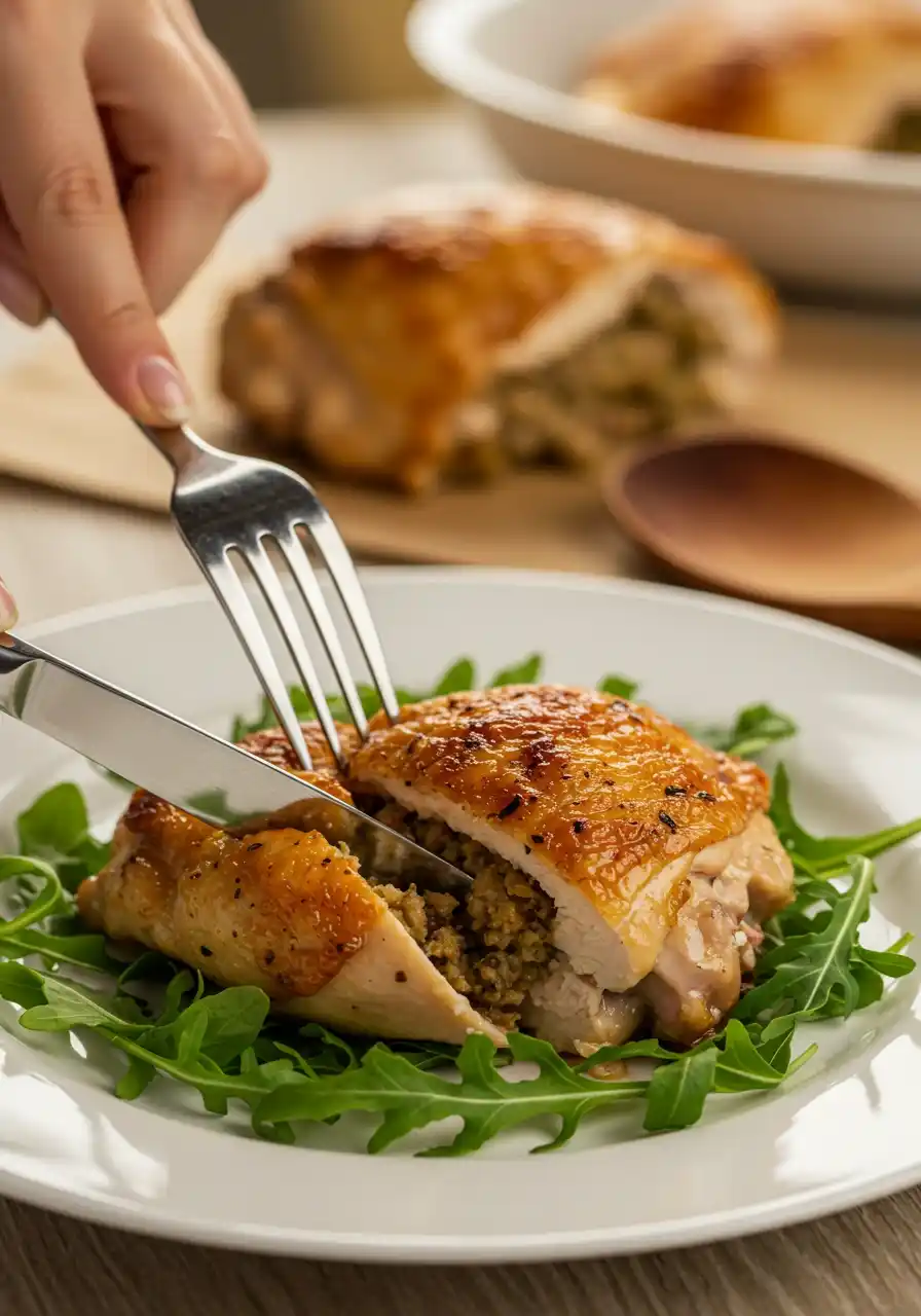 Une personne coupant une ballotine de poulet farcie à l'aide d'une fourchette et d'un couteau. La ballotine est présentée sur un lit de roquette fraîche et appétissante.