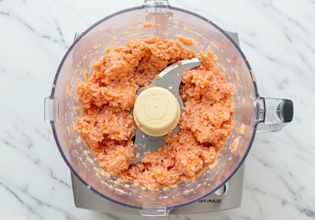 Chair à poulet hachée avec des morceaux de carottes dans un robot culinaire, préparation de la farce pour ballotine de poulet
