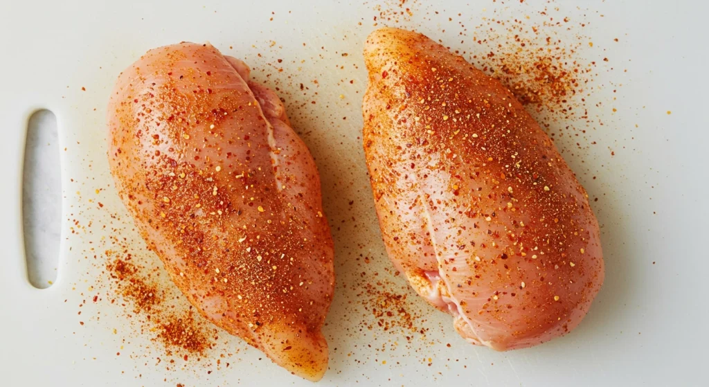Deux blancs de poulet dorés et appétissants cuisent dans une poêle brillante. L'huile crépite doucement autour des bords, promettant une saveur riche et un repas délicieux. De petites herbes vertes éparpillées ajoutent une touche de fraîcheu