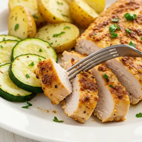 (simple et descriptive): Blanc de poulet cuit à l'air fryer, coupé en tranches et servi avec des légumes