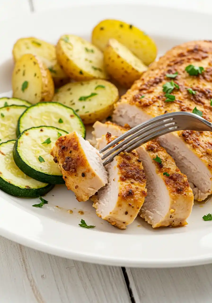 (simple et descriptive): Blanc de poulet cuit à l'air fryer, coupé en tranches et servi avec des légumes