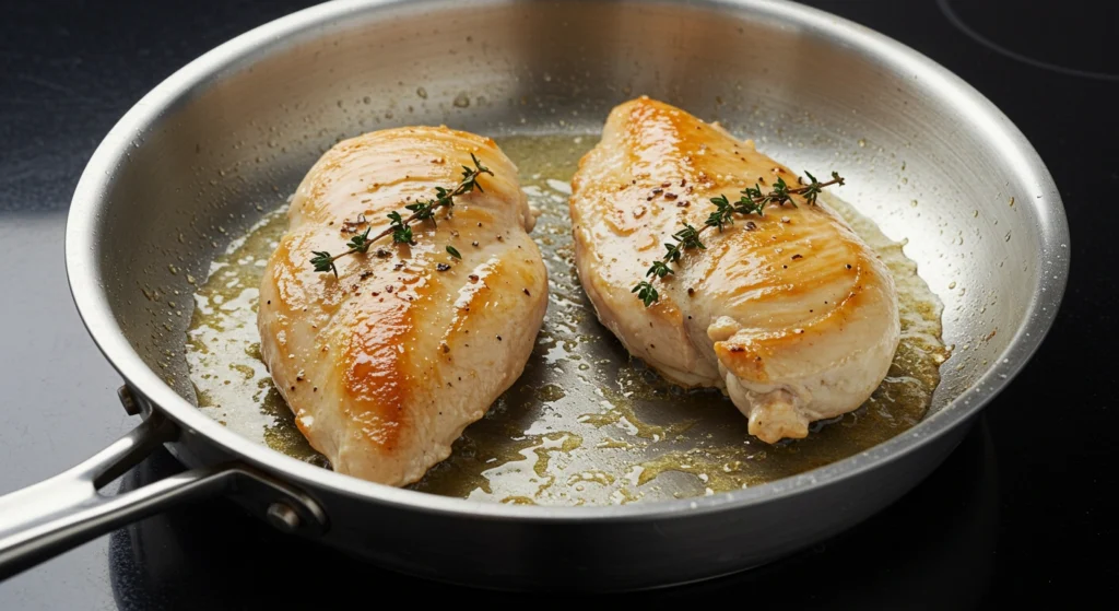 Blanc de poulet cuit à la poêle, doré et assaisonné