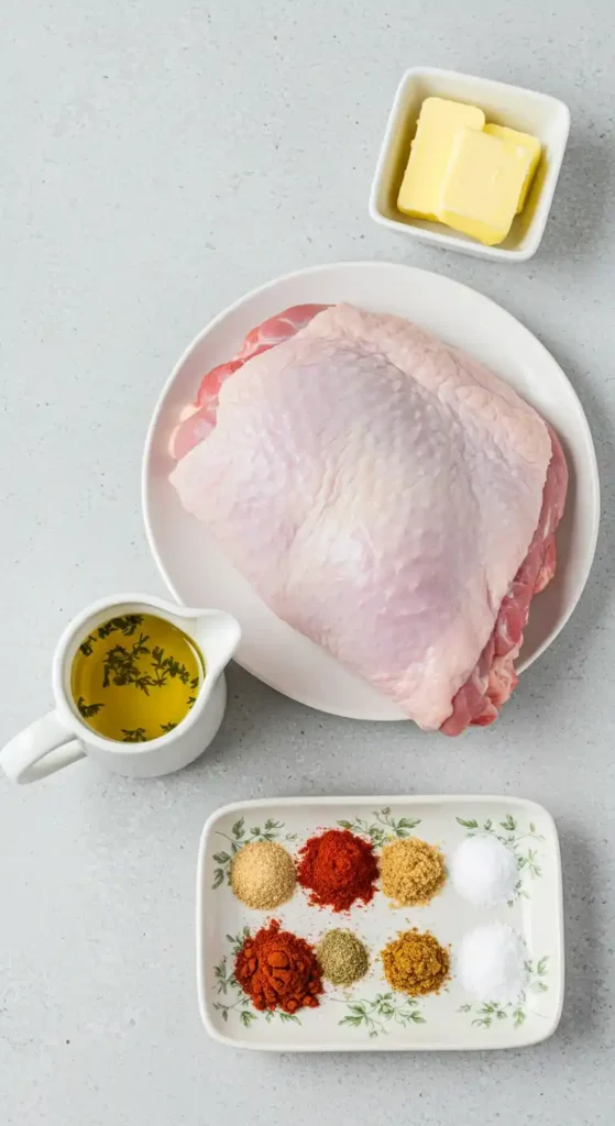 ingrédients pour cuisse de dinde au four moelleuse : beurre, herbes, épices et bouillon