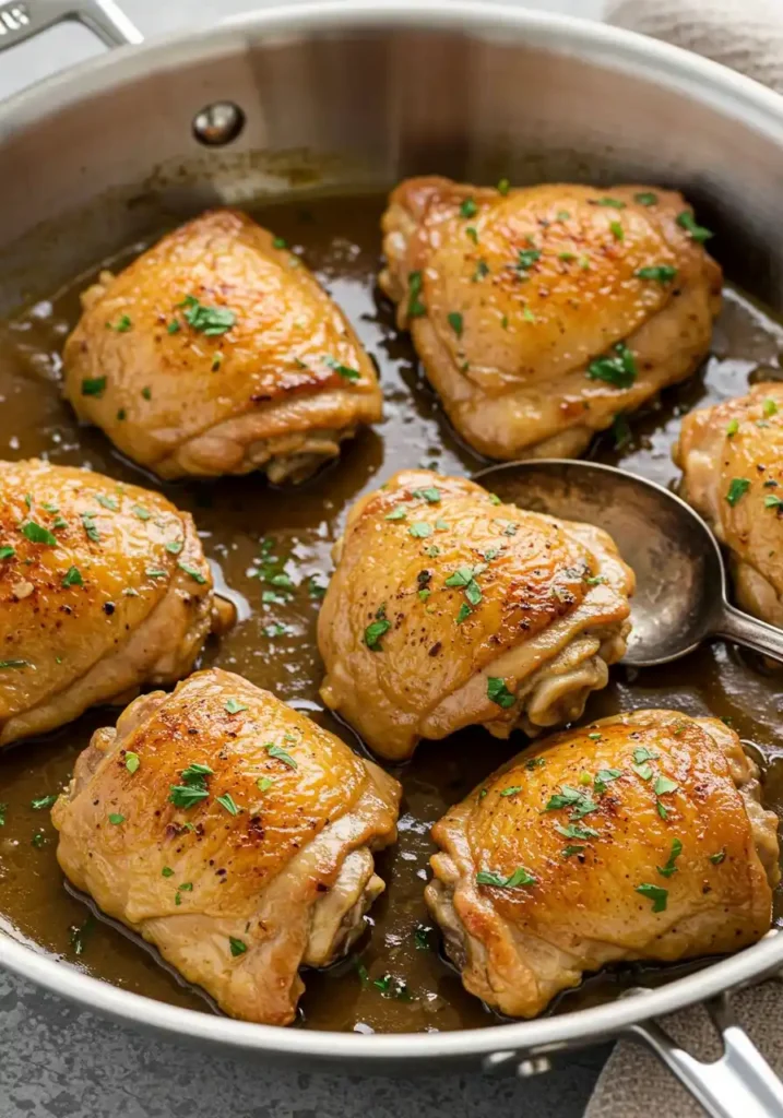 cuisses de poulet dorées à la poêle avec sauce au bouillon et ail tranché