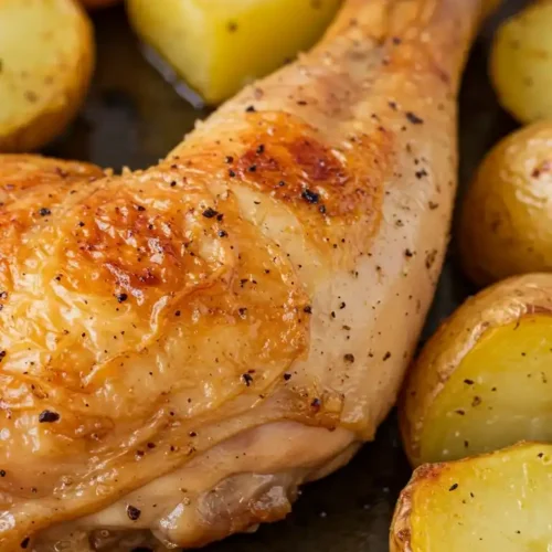 Gros plan d'une cuisse de poulet dorée et croustillante, probablement préparée au Cookeo, entourée de pommes de terre rôties.