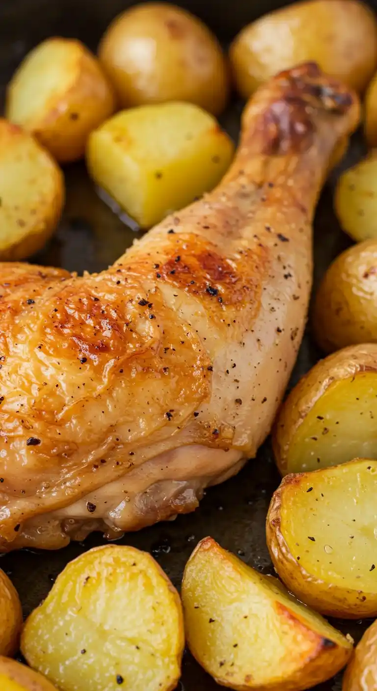 Gros plan d'une cuisse de poulet dorée et croustillante, probablement préparée au Cookeo, entourée de pommes de terre rôties.