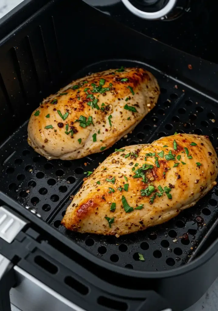 filet de poulet juteux et doré sorti de l'air fryer après 18 minutes de cuisson à 180°C