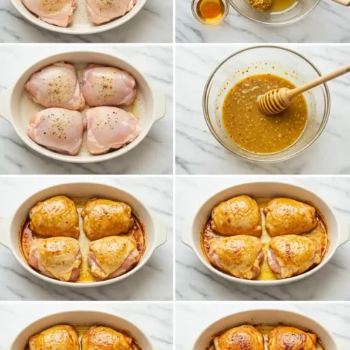Gros plan d'une poêle remplie de hauts de cuisse de poulet rôtis au four. La peau du poulet est dorée et croustillante, parsemée de grains de moutarde. Une sauce jaune brillante entoure les morceaux de poulet, et quelques feuilles de persil frais sont dispersées sur le dessus pour la garniture.