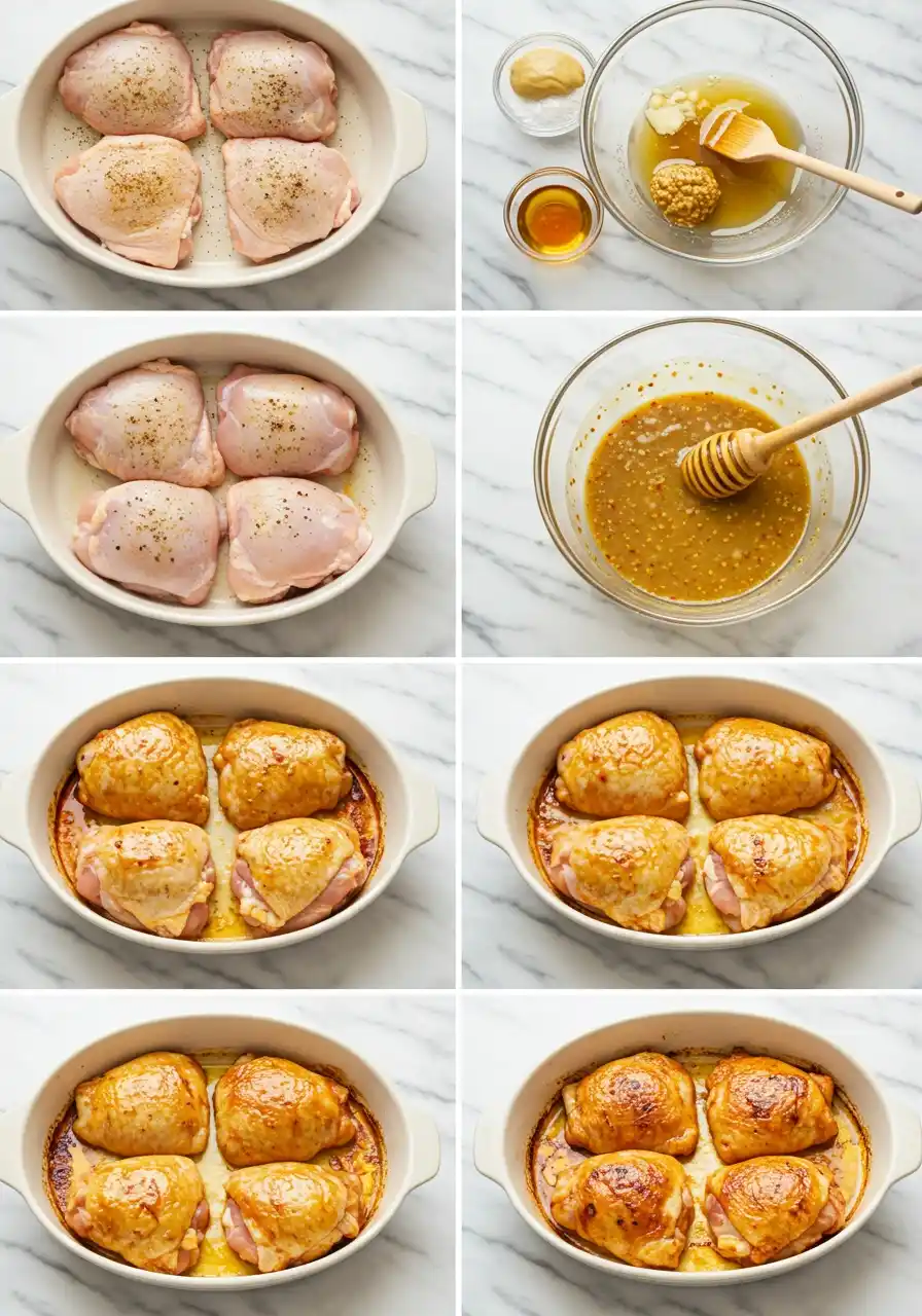 Gros plan d'une poêle remplie de hauts de cuisse de poulet rôtis au four. La peau du poulet est dorée et croustillante, parsemée de grains de moutarde. Une sauce jaune brillante entoure les morceaux de poulet, et quelques feuilles de persil frais sont dispersées sur le dessus pour la garniture.