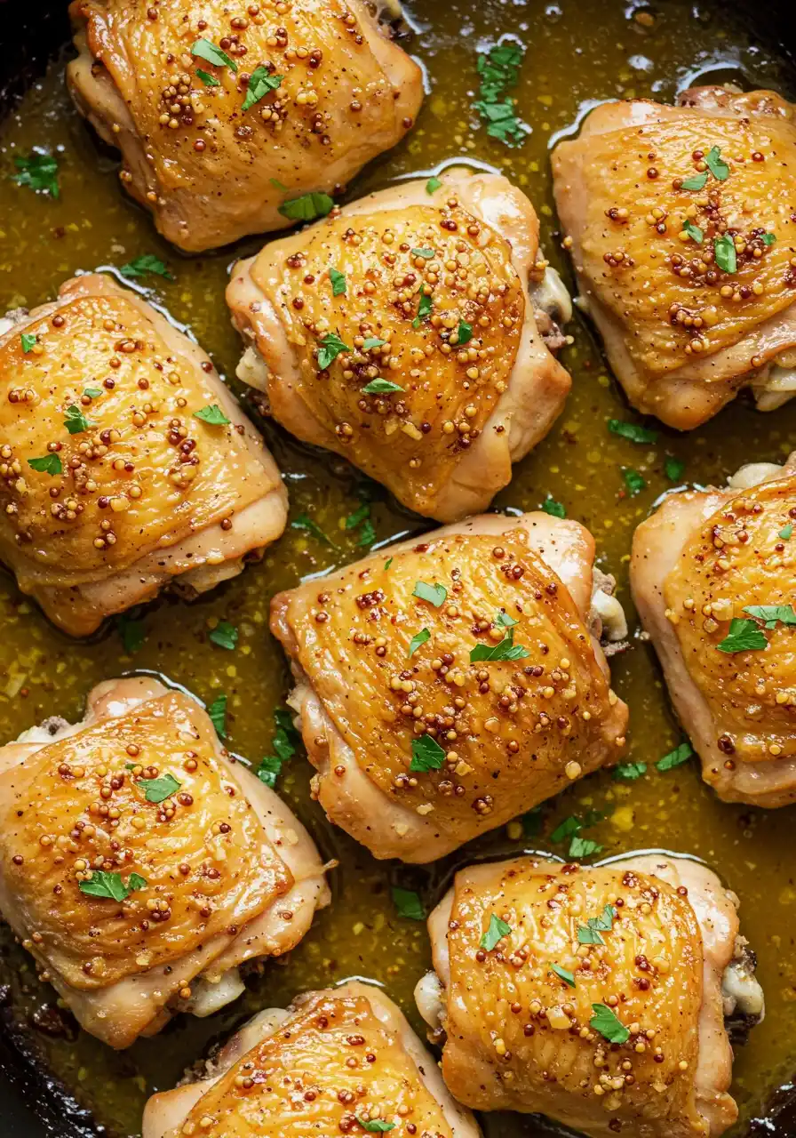 Gros plan d'une poêle remplie de hauts de cuisse de poulet rôtis au four. La peau du poulet est dorée et croustillante, parsemée de grains de moutarde. Une sauce jaune brillante entoure les morceaux de poulet, et quelques feuilles de persil frais sont dispersées sur le dessus pour la garniture.