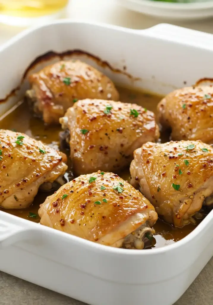 hauts de cuisse de poulet rôtis dorés et brillants dans un plat de cuisson avec glaçage miel moutarde