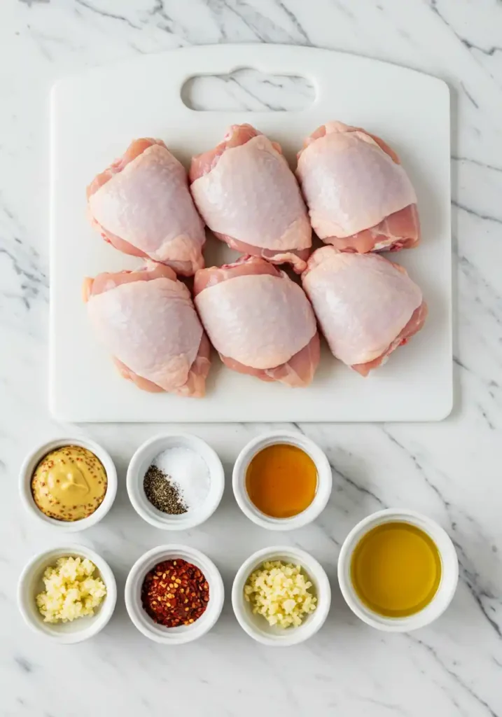 ingrédients pour hauts de cuisse de poulet au four miel moutarde : poulet cru, moutarde, miel, ail, huile d'olive et épices