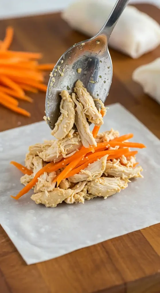 "Image montrant la préparation de nems au poulet, avec une cuillère déposant du poulet effiloché et des lamelles de carottes sur une feuille de riz. Idéal pour illustrer une étape de la recette des nems au poulet."