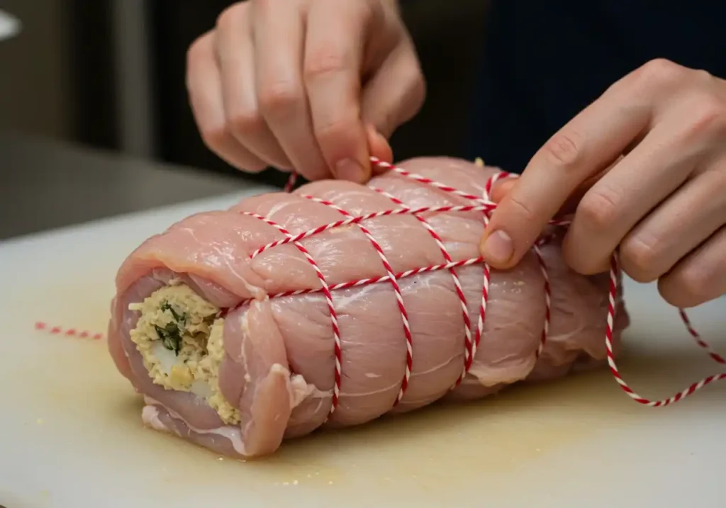 "Une paupiette de dinde farcie en train d'être ficelée sur une planche à découper."